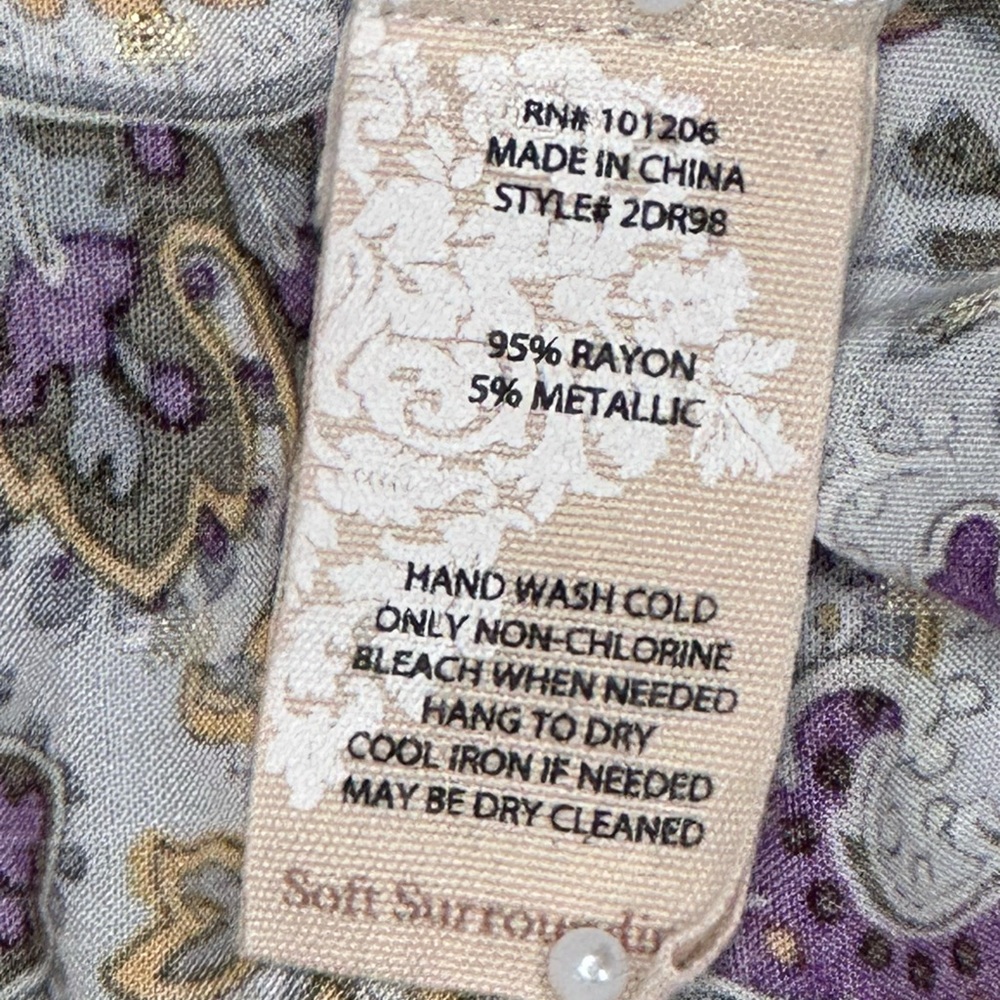 Soft Surroundings Blouse‎ Purple Paisley Floral Gold Metallic Floral Boho Sz XL - Picture 10 of 11